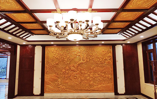 三水中式别墅客厅中式木作横梁吊顶装饰展示